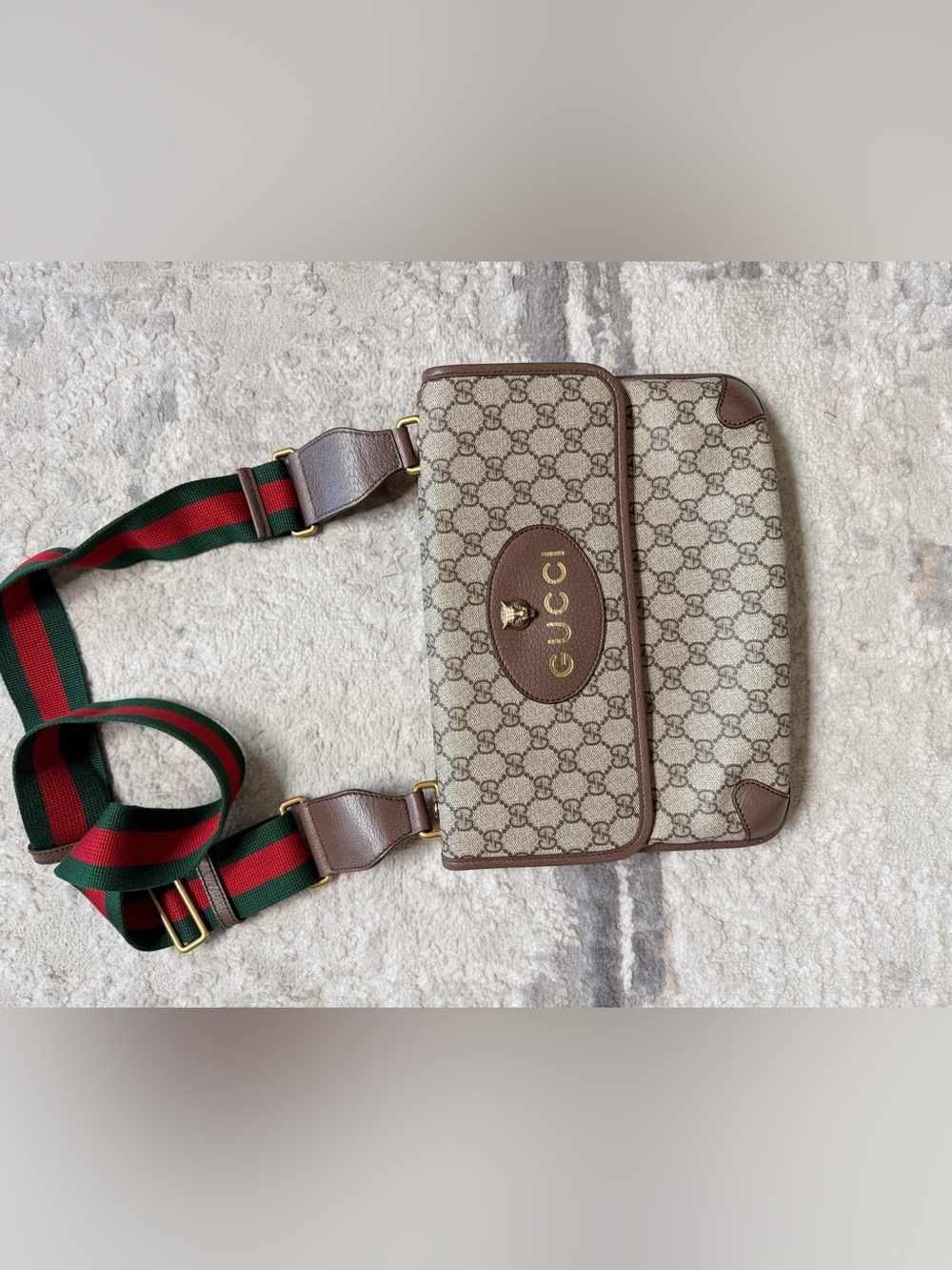 Gucci Beige Brown GG Canvas Messenger Bag with Green-Red Web Strap